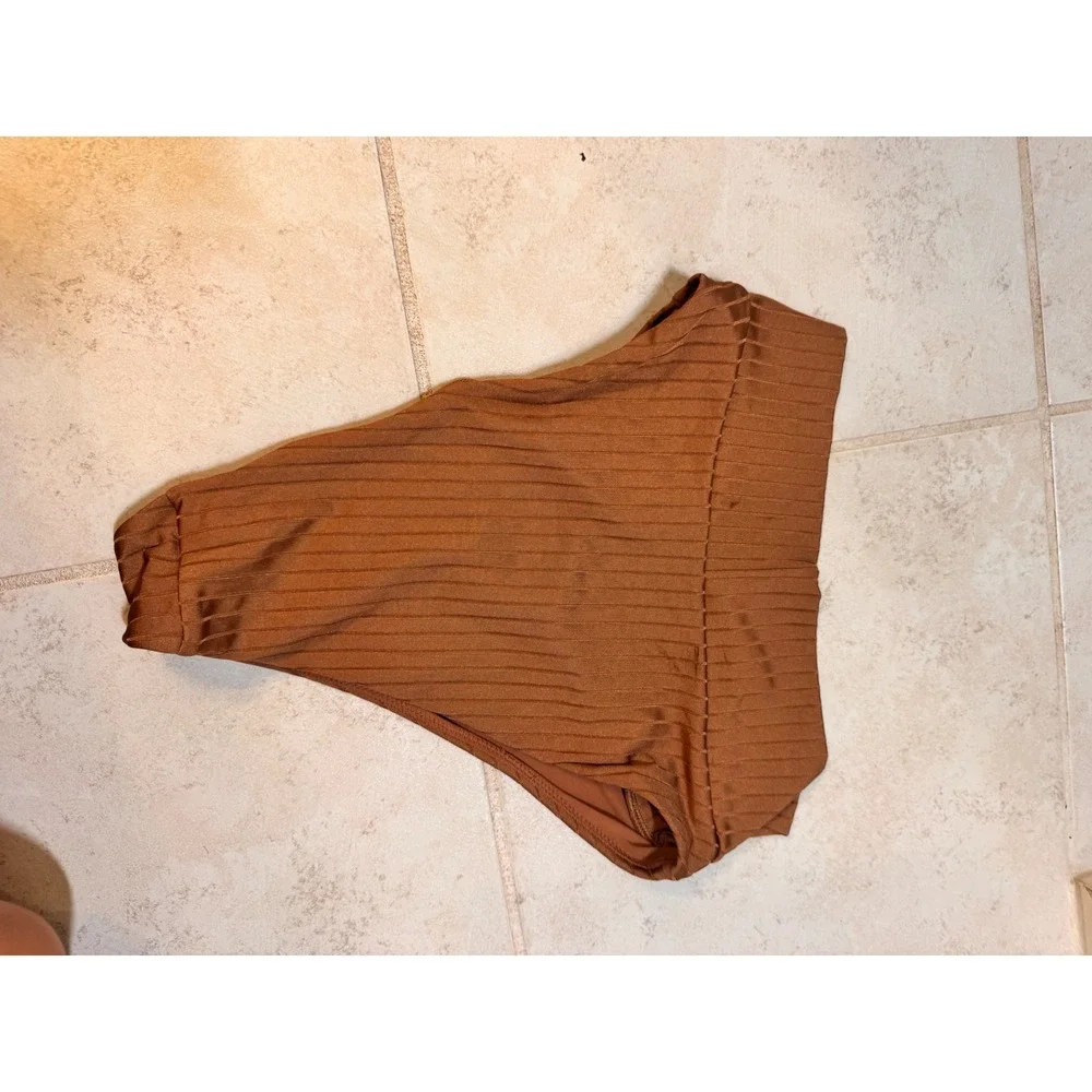 Aerie Ribbed Bikini Set Brown Keyhole Tie Front High Waist Cheeky Medium